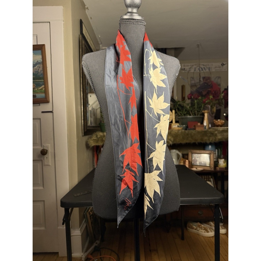 Vera Neumann Vintage Silk Scarf Gray Red Tan Maple Leaf Botanical Print - Picture 14 of 15